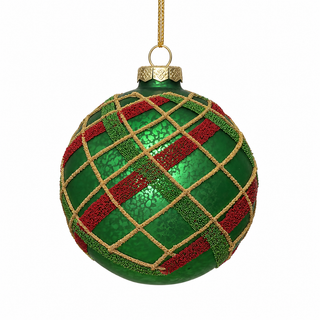 4" Diameter Green Glass Ball Ornament with Plaid Bead