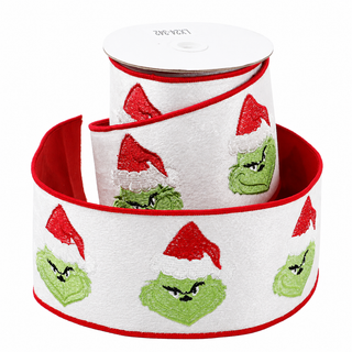 4" X 5 YDS WHITE VELVET GREEN MONSTER DUP BACK RIBBON