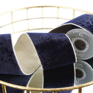 4" X 5 YDS NAVY PLUSH VELVET WITH LT GOLD BACK RIBBON