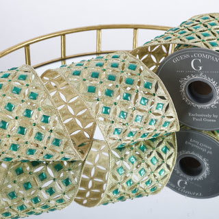 4"X 5 YD CUTWORK EMERALD GREEN/GOLD TRIM RIBBON