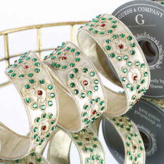 1.5"X 5 YD TRIM ON LIGHT GOLD METALLIC DUPION WITH SAME BACK RIBBON