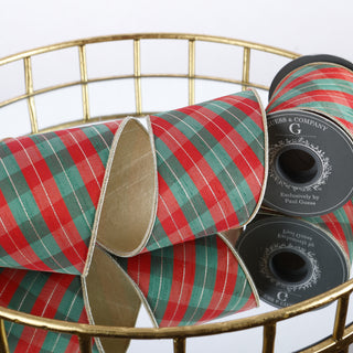 4" X 5 YD RED/GREEN/GOLD DUPION PLAID CHECKS WITH LT GOLD METALLIC DUPION BACK RIBBON
