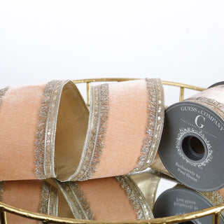 4" X 5 YD TRIM ON PEACH PLUSH VELVET WITH LT GOLD DUPION BACK RIBBON