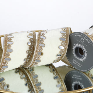 4" X 5 YD TRIM ON CREAM PLUSH VELVET WITH LT GOLD DUPION BACK RIBBON