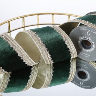 4"X 5 YD TRIM ON GREEN PLUSH VELVET WITH LIGHT GOLD METALLIC DUPION BACK RIBBON