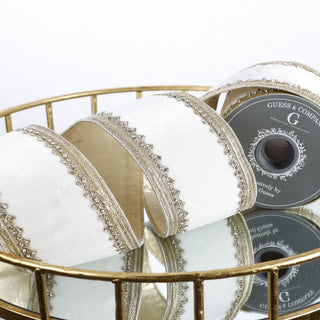 4"X 5 YD TRIM ON WHITE PLUSH VELVET WITH LIGHT GOLD METALLIC DUPION BACK RIBBON