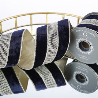 4"X 5 YD TRIM ON NAVY PLUSH VELVET WITH LIGHT GOLD METALLIC DUPION BACK