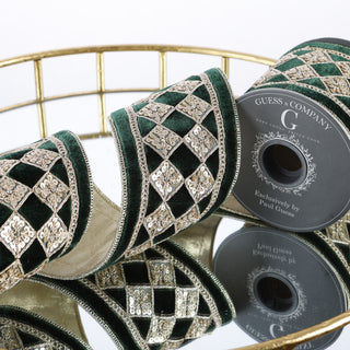 4"X 5 YD DARK GREEN VELVET WITH GOLD DIAMOND DUPION BACKED RIBBON