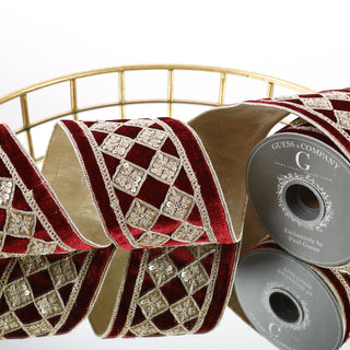 4"X 5 YD BURGUNDY VELVET WITH GOLD DIAMOND DUPION BACKED RIBBON