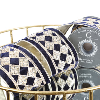 4"X 5 YD NAVY VELVET WITH GOLD DIAMOND DUPION BACKED RIBBON