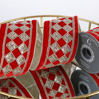 4"X 5 YD RED VELVET WITH GOLD DIAMOND DUPION BACKED RIBBON