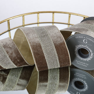 4"X 5 YD TRIM ON BROWN PLUSH VELVET WITH LIGHT GOLD METALLIC  DUPION BACK