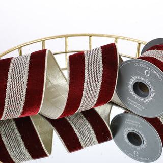 4"X 5 YD TRIM ON BURGUNDY VELVET WITH LT GOLD METALLIC DUPION BACK RIBBON