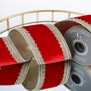 4"X 5 YD TRIM ON RED PLUSH VELVET WITH LIGHT GOLD METALLIC DUPION BACK