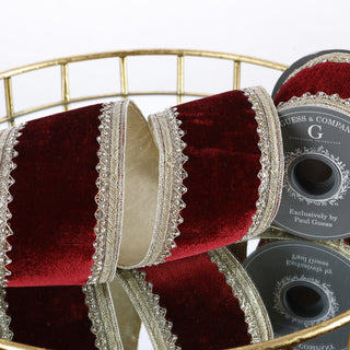 4"X 5 YD TRIM ON BURGUNDY VELVET WITH LIGHT GOLD METALLIC DUPION BACK RIBBON