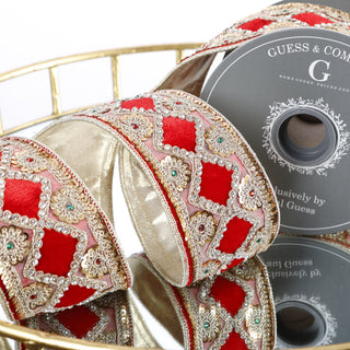 2.5" X 5 YD TRIM ON RED PLUSH VELVET WITH LIGHT GOLD METALLIC DUPION BACK RIBBON