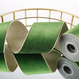 4" X 5 YDS GREEN PLUSH VELVET WITH LT GOLD BACK RIBBON