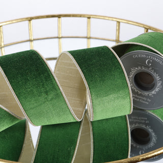 2.5" X 5 YDS GREEN PLUSH VELVET WITH LT GOLD BACK RIBBON