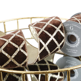 4" GLITTER PRINT ON BROWN PLUSH VELVET WITH LT GOLD METALLIC DUPION BACK RIBBON