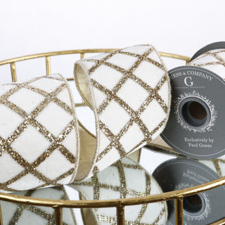 4" GLITTER PRINT ON WHITE PLUSH VELVET WITH LT GOLD METALLIC DUPION BACK RIBBON