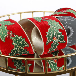 4"X 5 YD EMB ON RED PLUSH VELVET WITH LT GOLD METALLIC DUPION BACK RIBBON