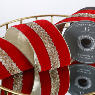 4" X 5 YDS GOLD TRIM ON RED VELVET WITH LIGHT GOLD METALLIC DUPION BACK & GOLD EDGE RIBBON