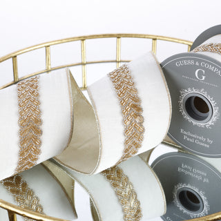4" X 5 YDS GOLD-TRIMMED WHITE VELVET WITH GOLD DUPION BACK RIBBON