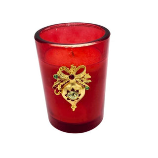 Pumpkin Roll 8 oz candle in red glass with gold ornament