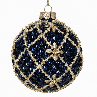 4" Diameter Navy Blue Glass Ball Ornament with Gold Beads