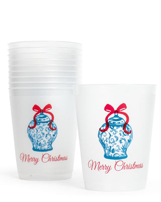 Chinoiserie Merry Christmas Party Cups Frosted/Blue/Red 16oz. Set of 10