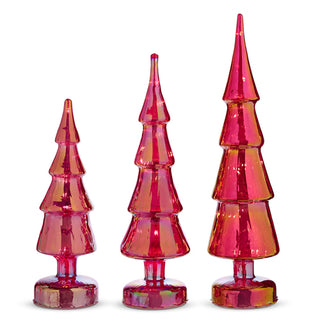 11" Lighted Red Iridescent Glass Trees