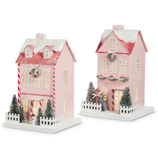 12" Lighted Pink Paper House (WITH LAMP POST)