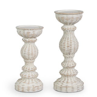 11.25" WHITE BASKETWEAVE CANDLE HOLDERS