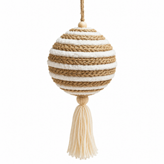 5" JUTE AND WHITE BALL ORNAMENT WITH TASSEL