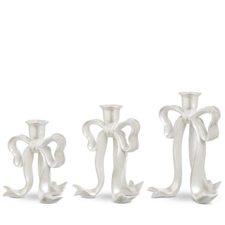8" White Pearlescent Bow Candlesticks (MEDIUM ONLY) SHIPS 9/1/2026