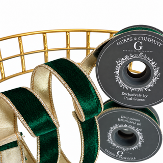 1" X 5 YD EMERALD GREEN PLUSH VELVET WITH LIGHT GOLD BACK RIBBON