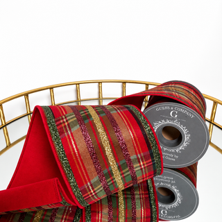 4"X5YD BURGUNDY GOLD METALLIC PLAID WITH GLITTER STRIPE BURDUNDY DUPION BACK RIBBON