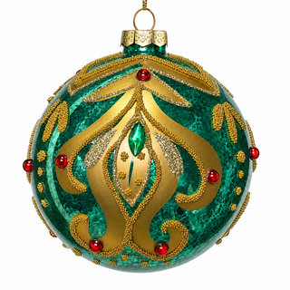 4" Diameter Teal Blue glass Ball Ornament with Beads and Jewels