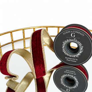 1"X5YD BURGUNDY PLUSH VELVET WITH LIGHT GOLD METALLIC DUPION BACK RIBBON