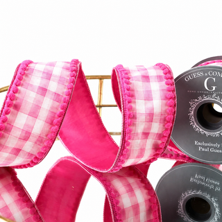 2.5" PLAID WITH PINK BACKING PINK POMPOM EDGE RIBBON 5YD
