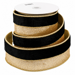 2.5" X 5 YDS BLACK VELVET/GOLD GLITTER DUPION BACKED RIBBON