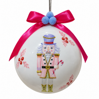 5" Glass Nutcracker Ball Ornament with Pink Bow