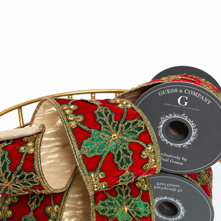 4"X5YD CUTWORK TRIM ON RED PUSH VELVET WITH LT GOLD METALIC DUPION BACKING RIBBON