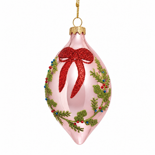4" Glass Pink Double Point Ornament with Red Bow