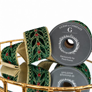 2.5"X5YD GREEN VEL W/GLD EMB ON GOLD DUP BACK