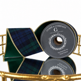 2.5"X5YD BLACKWATCH TARTAN PLAID WITH GOLD EDGE AND DARK GREEN DUPION BACK RIBBON