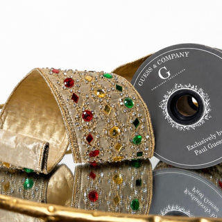 4"X 5 YD EMBROIDERY WITH STONE MIRROR ON LT GOLD METALLIC DUPION WITH SAME BACK
