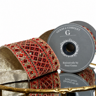 4" JEWEL AND SEQUIN EMBROIDER ON RED DUPION WITH GOLD LAME BACK