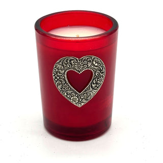 8OZ HUGS N KISSES RED GLASS CANDLE WITH SILVER EMBOSSED HEART