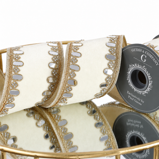 4" X 5 YD TRIM ON CREAM PLUSH VELVET WITH LT GOLD DUPION BACK RIBBON